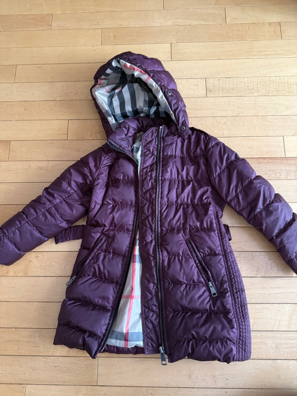 Burberry Purple down Hooded Puffer Coat with Signature Check Lining